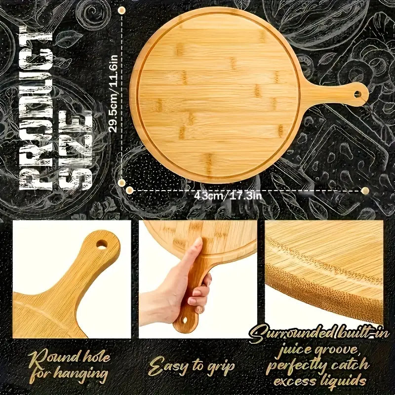 11.6" Bamboo Pizza Tray with Handle – Round Serving & Cutting Board