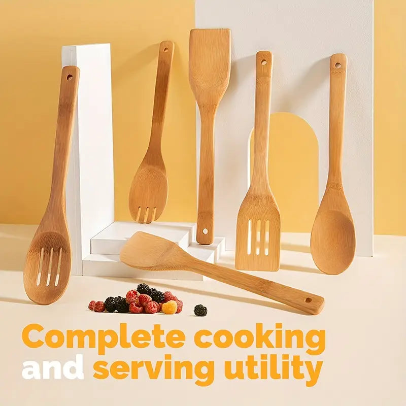 5-Piece Bamboo Cooking Utensil Set – Spoonula, Slotted Spoon, Shovel & Spatula for Nonstick Pans