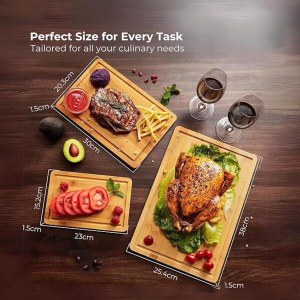 BARIS Organic Bamboo Chopping Board - 3 Piece BPA Free Bamboo Cutting Board w/Different Sizes - Reversible Cutting Boards for Kitchen with Deep Juice Grooves Serving Board Set with Easy Grip Handle